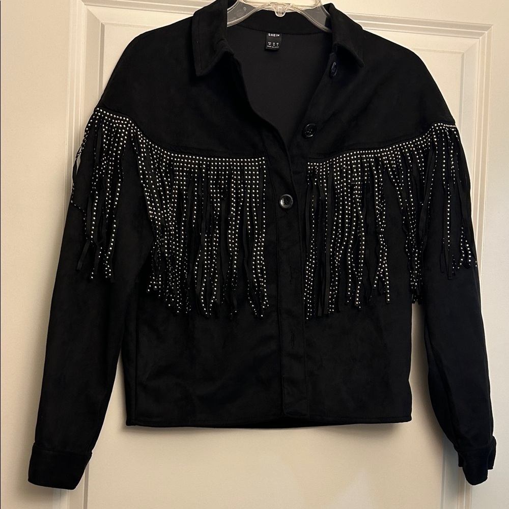 Black Fringe Jacket with Studded Details